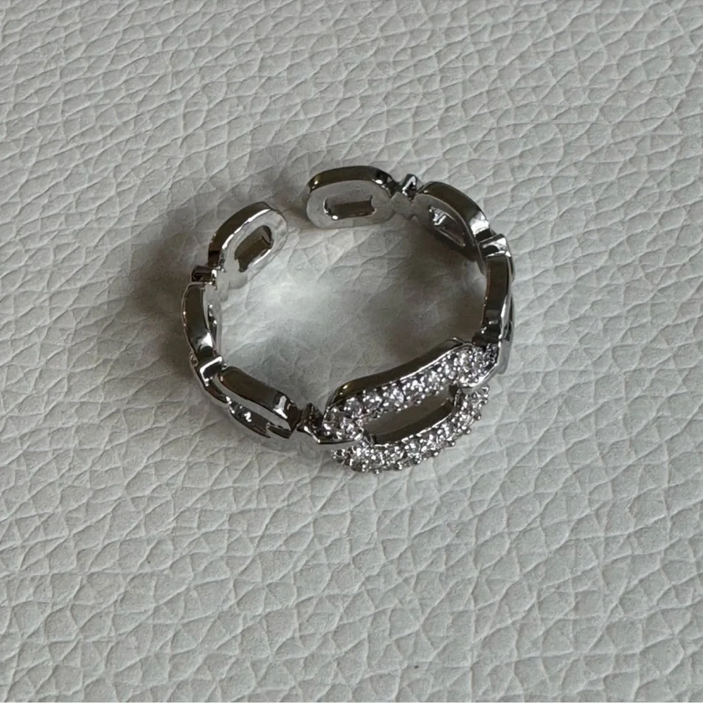 Silver Pave Link Ring Hollow Chain style Adjustable Sparkling Ring New
